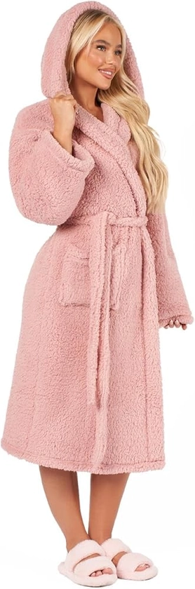 OHS Womens Dressing Gowns Teddy Fleece, Warm Cosy Fluffy Dressing Gown Bathrobes Women Hooded Luxury Oversized Ladies Mens Dressing Gown, One Size