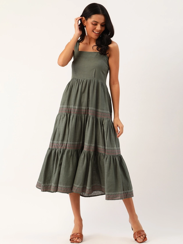 DressBerry Women Olive Green Solid Tiered A-Line Dress