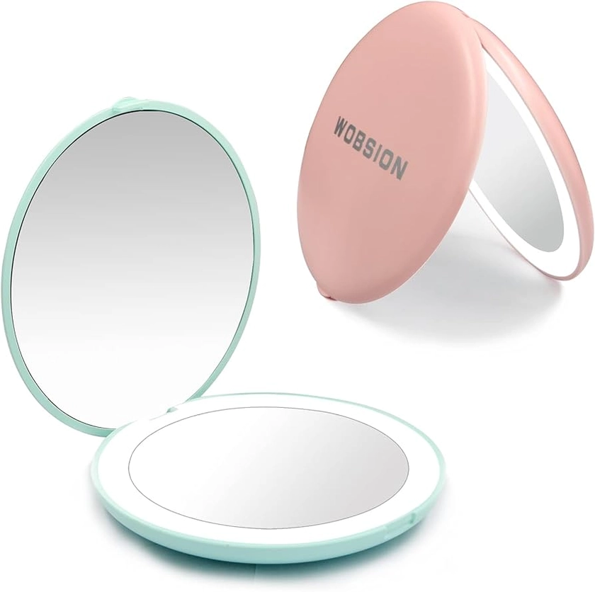 Amazon.com: wobsion Compact Mirror with Light, 1x/10x Magnification Compact Mirror for Purses,Handheld 2-Sided Mirror,Travel Makeup Mirror,3.5in Led Compact Mirror,Small Pocket Mirror for Handbag,Cyan&Pink,2 Pack : Beauty & Personal Care