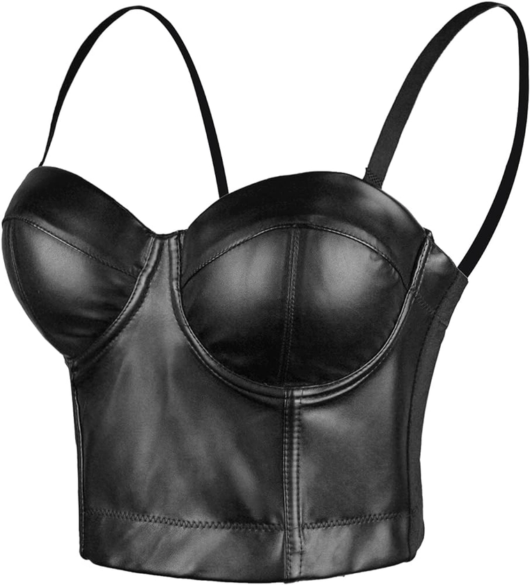 ELLACCI PU Leather Bustier Crop Top Gothic Punk Push Up Women's Corset Top Bra Black