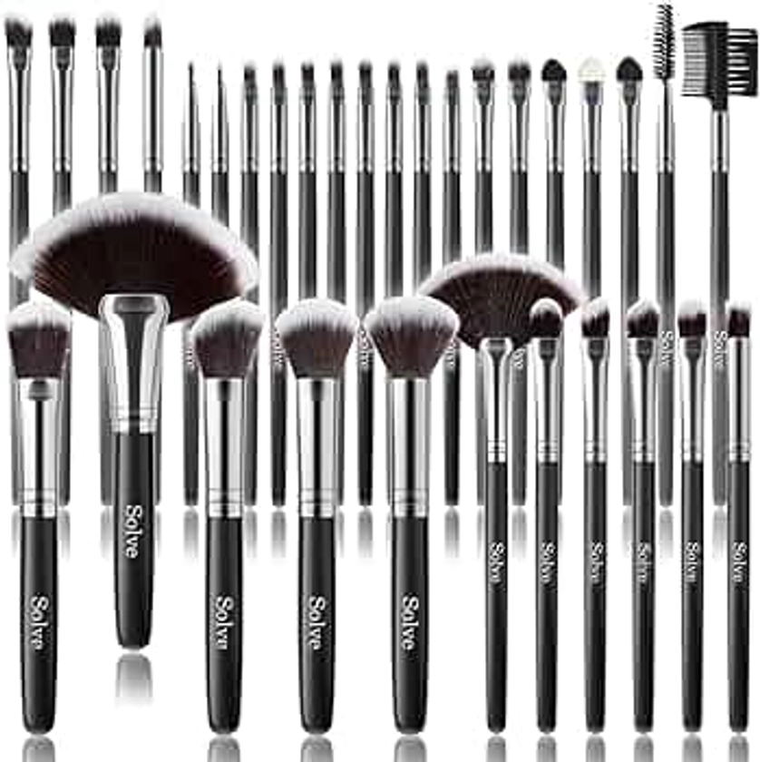 Makeup Brush Set, SOLVE 32 Pieces Professional Makeup Brushes Wooden Handle Cosmetics Brushes Foundation Concealer Powder Face Eye Make up Brushes Kit, Black