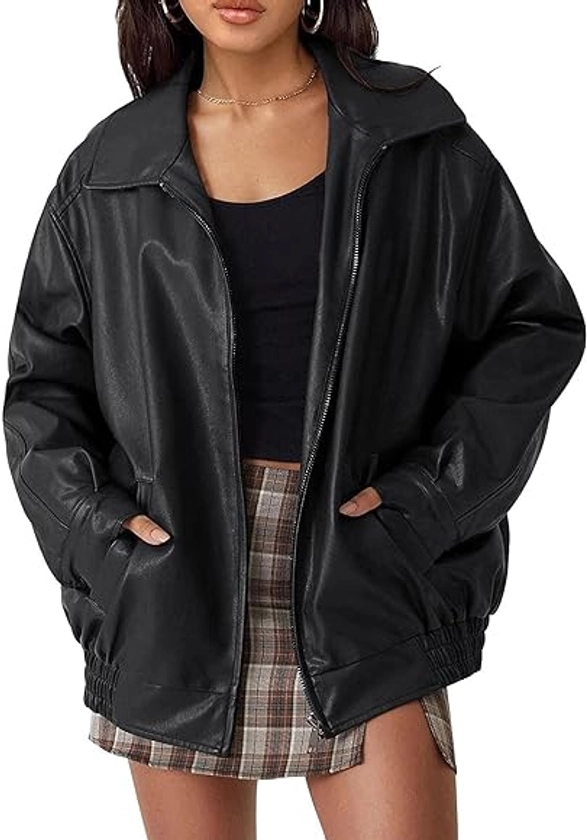 Fylovery Frauen Lederjacken Übergroße Faux Motorrad Biker Mantel Reißverschluss PU Moto Cardigan Äußere Lose Bomberjacke Herbst Baggy Streetwear, A-schwarz, 38 : Amazon.de: Fashion