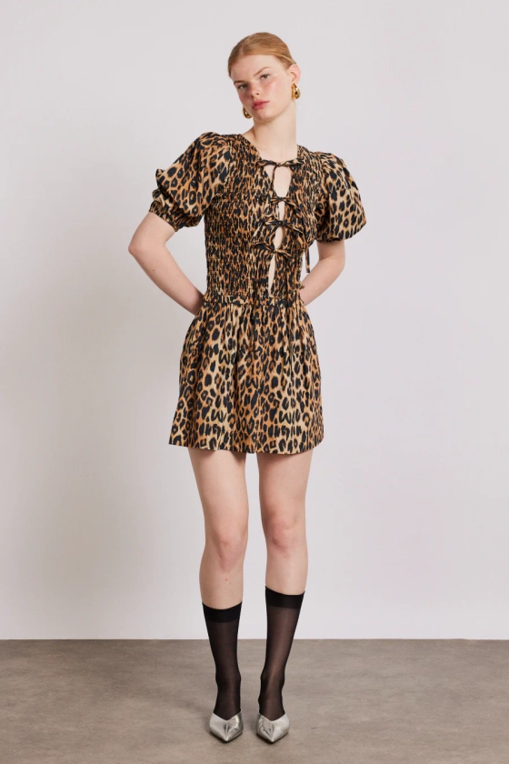 pre-order bluebelle shirred mini dress - leopard