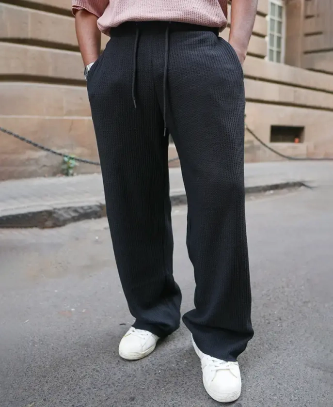 Black Waffle Baggy Fit Track Pant