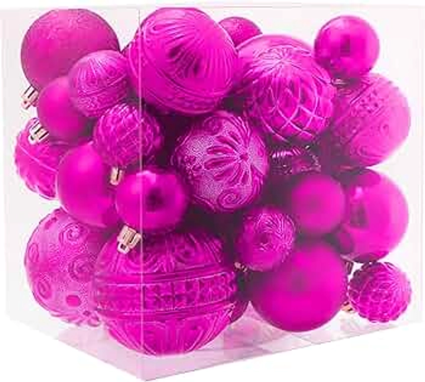 Christmas Ball Ornaments Fuchsia Pink Christmas Tree Decorations with Hang Rope-36pcs Shatterproof Christmas Ornaments Set with 6 Styles in 3 Sizes(Small Medium Large)