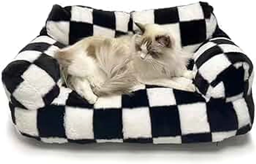 Pet Couch Sofa Bed, Checkers Plaid Washable Cat Beds for Medium Small Dogs & Cats Durable Plush Cat Couch Pet Sofa Bed Puppy Sleeping Bed Soft Anti-Slip (Black Plaid)