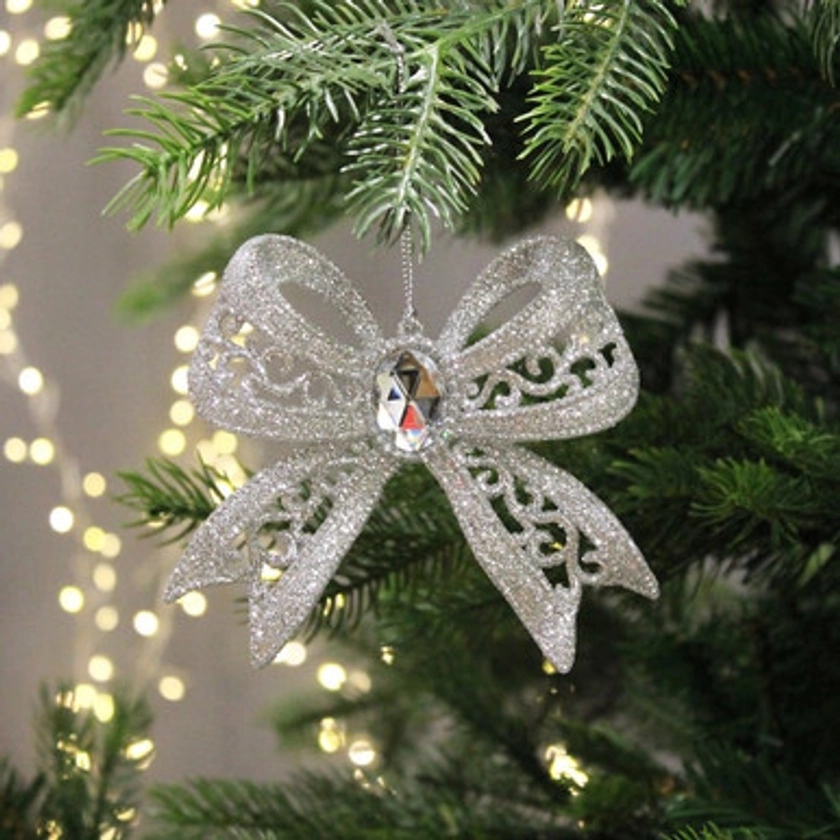 Festive Silver Hanging Glitter Bow Decoration - 11cm