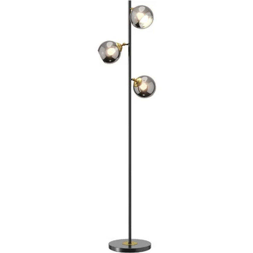 Lampadaire globe design néo-rétro 3 ampoules orientables max. 40 W H. 162 cm métal noir doré verre gris