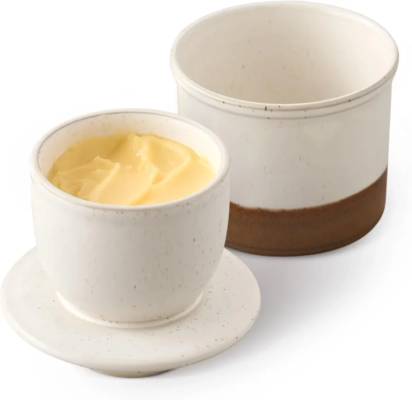 HOME DECOR Reactive Glaze Butter Crock, French Butter Crock for Counter, Butter Keeper with Water Line for Fresh Spreadable Butter- Latte