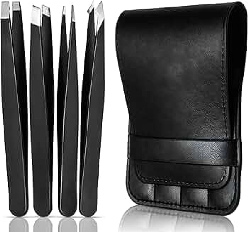 Tweezers Set - Professional Stainless Steel Tweezers for Eyebrows - Great Precision for Facial Hair, Splinter & Ingrown Hair Removal - Tweezers for Women & Men with Travel Case