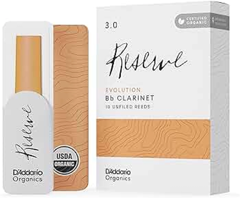 D'Addario Organic Reserve Evolution Bb Clarinet Reeds - Reeds for Clarinet - The First & Only Organic Reed - 3.0 Strength, 10 Pack