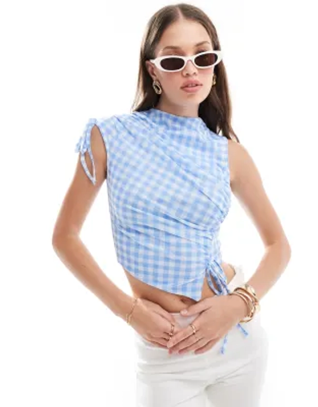 ASOS DESIGN ruched mesh tank in blue gingham