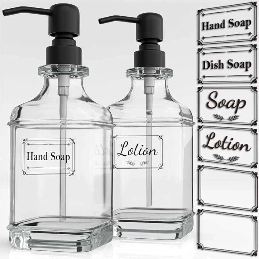 GLADPURE 2 Pack Soap Dispenser, 18 Oz Antique Design Thick Glass Hand Dispensers; with 304 Rust Proof Stainless Steel Pump, 6Pcs Clear Stickers, for Kitchen, Bathroom- Black