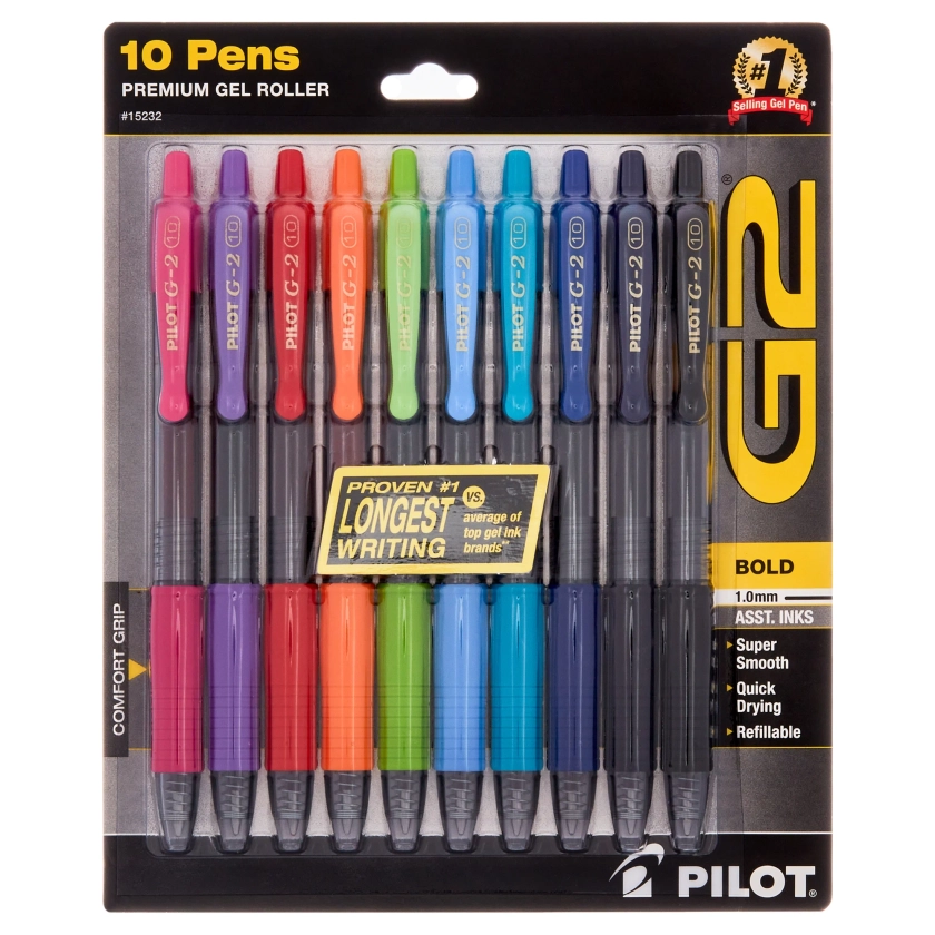 Pilot G2 Premium Retractable Gel Ink Rolling Ball Pens, Bold Point, Assorted Ink, 10 Count