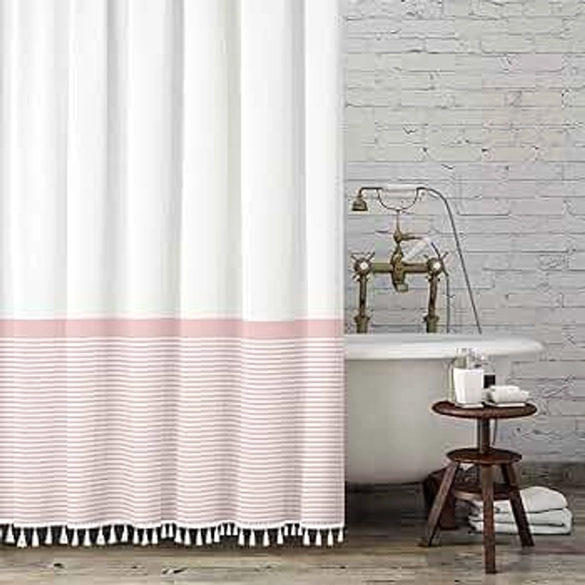 Seasonwood Shower Curtain Tassel, Modern Farmhouse Tassel Pink Striped Shower Curtain with Tassels for Bathroom Decor, 72x72
