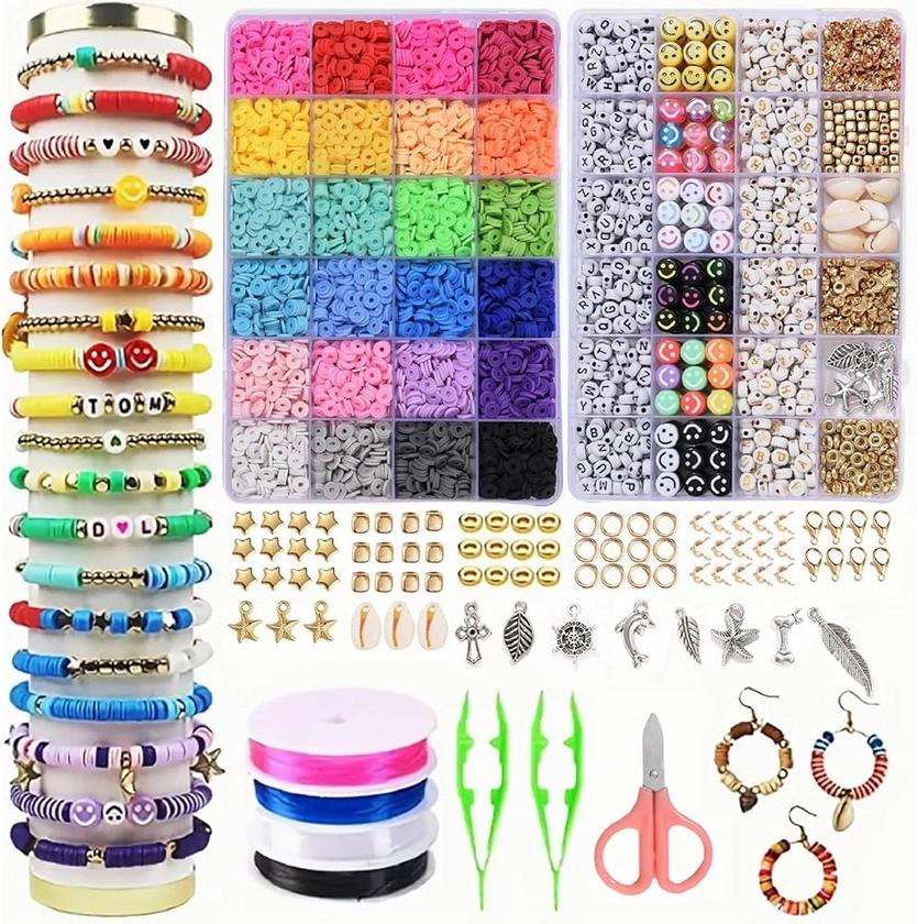 FIVAVA 8000+ Pcs Clay Beads Bracelet Making Kits for Girls Adults，24 Colours Clay Beads for Jewelry Making Kit Flat Round Polymer Spacer Heishi Beads for Necklace with Charms Elastic Strings Gift