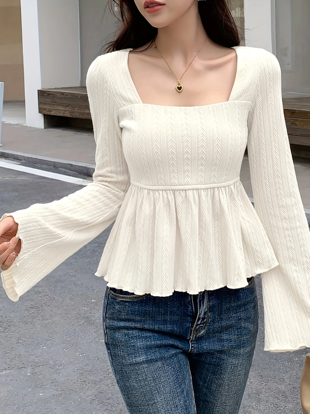 Elegant   Neck Long Sleeve T shirt Women Solid Color - Temu