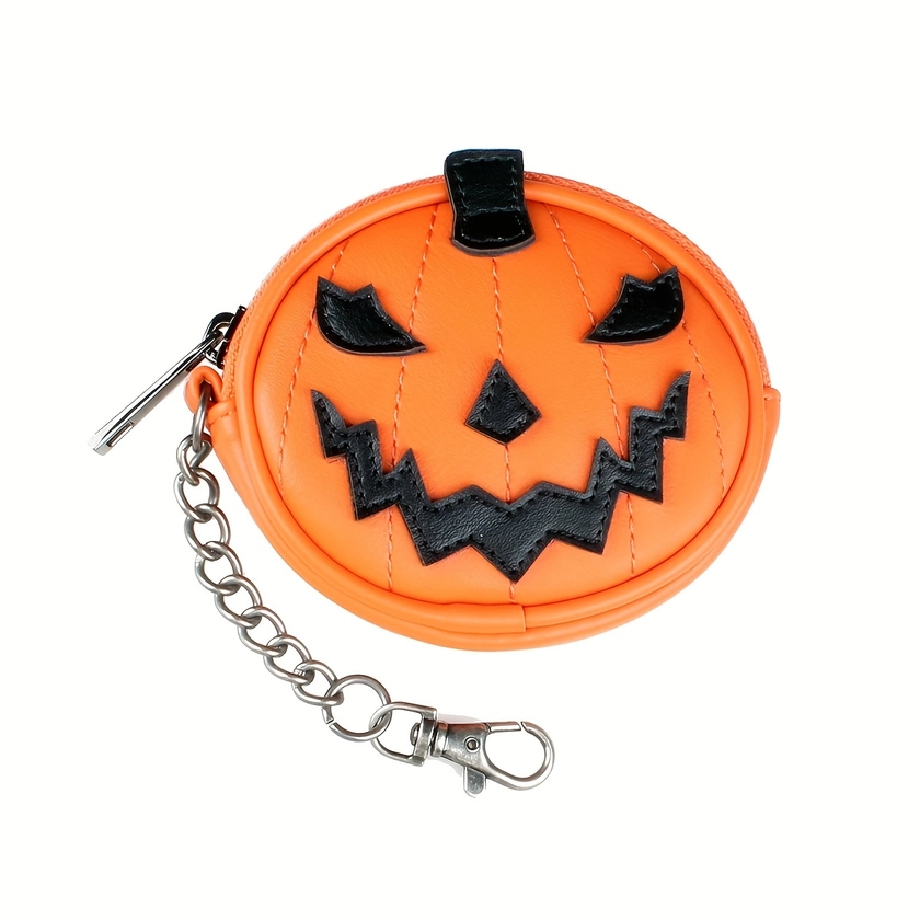 Halloween Pumpkin Mini Wallet, Zipper Niche Coin Purse, Classic PU Leather Earphone Bag With Chain Hook Strap
