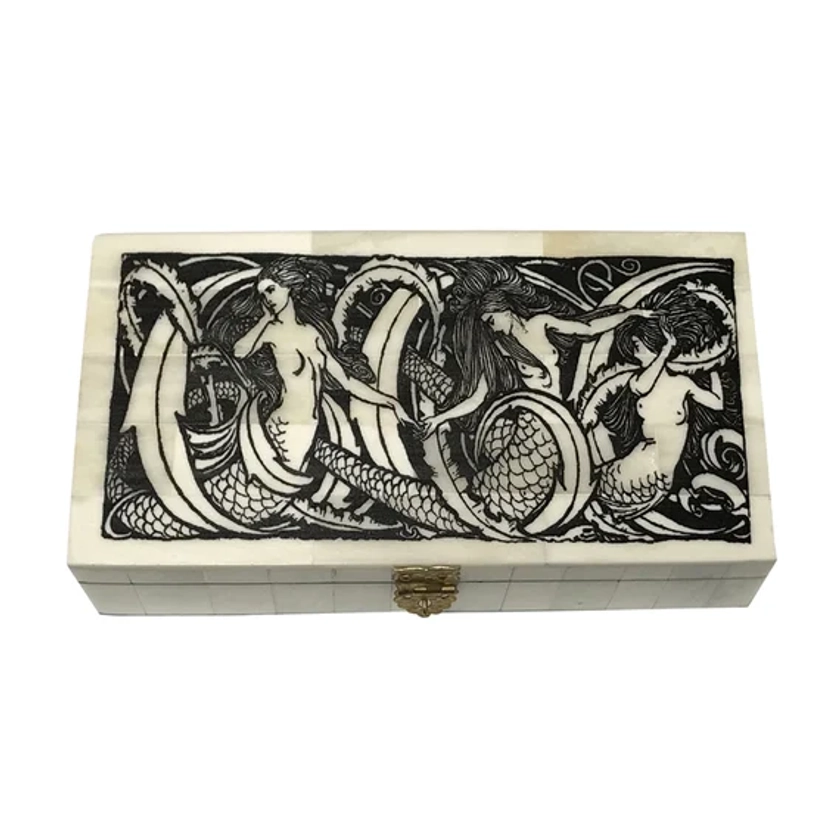 6-1/4" Printed Mermaids Bone Box Antique Reproduction with Hinged Lid