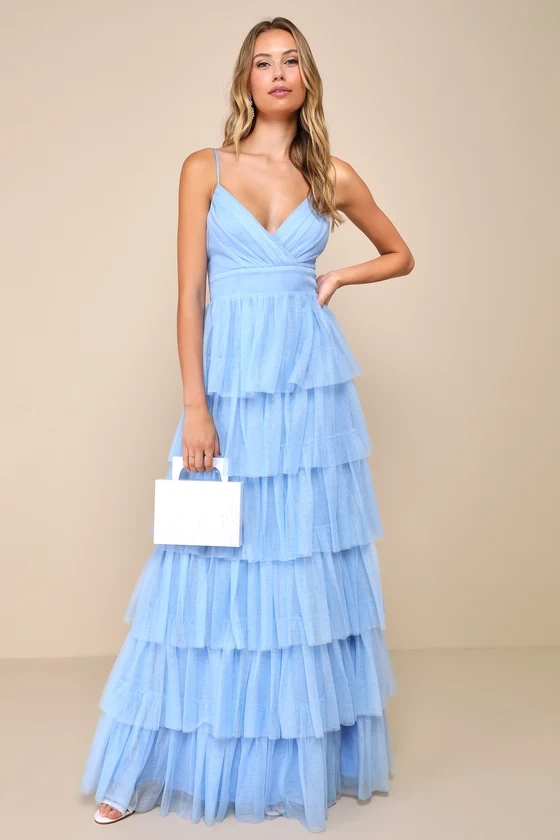 Rule the Runway Light Blue Tulle Surplice Tiered Maxi Dress