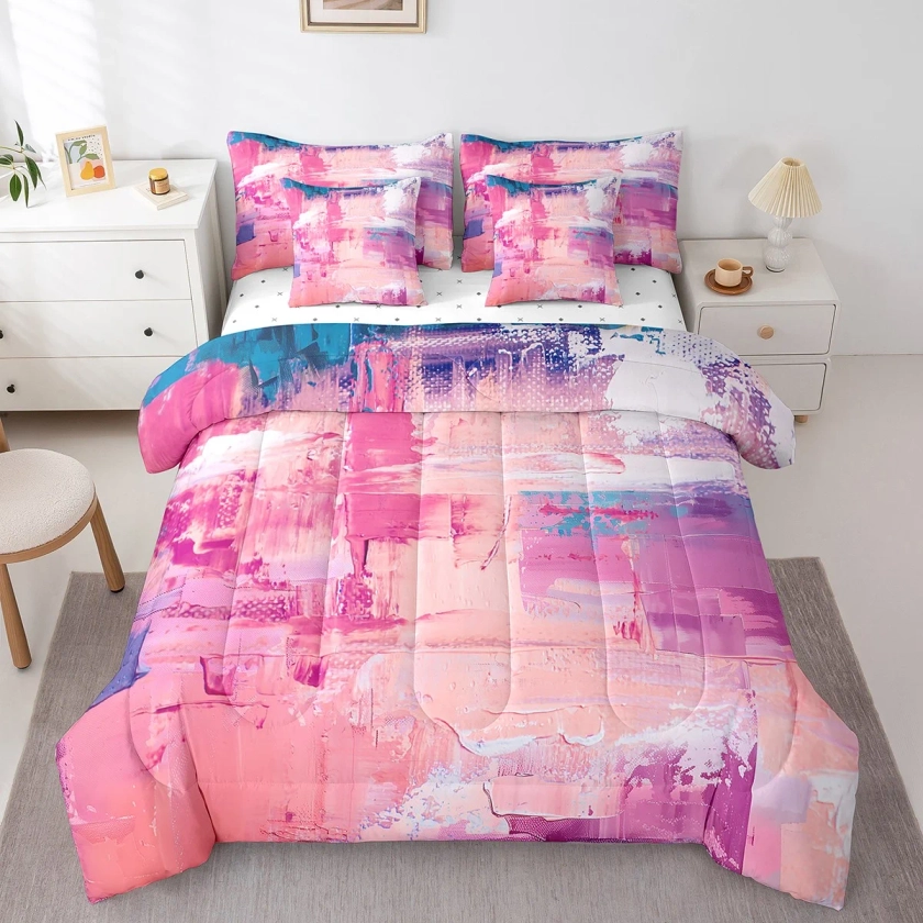 YST Pink Blue Comforter Set for Kids Boys Girls,Bed in A Bag 7 Piece,Colorful Oil Painting Bedding Set Twin,Grunge Ombre Abstract Art Reversible Bed Sets with Sheet Set