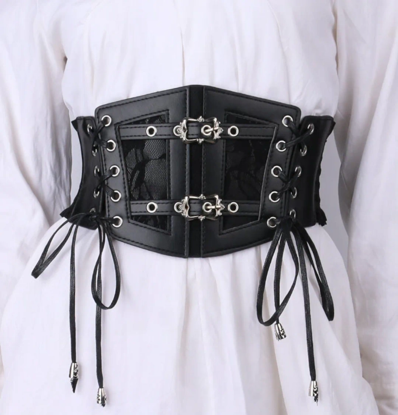 Goth Punk Underbust Corset - Lace Elastic Belt - Retro Belt Buckle