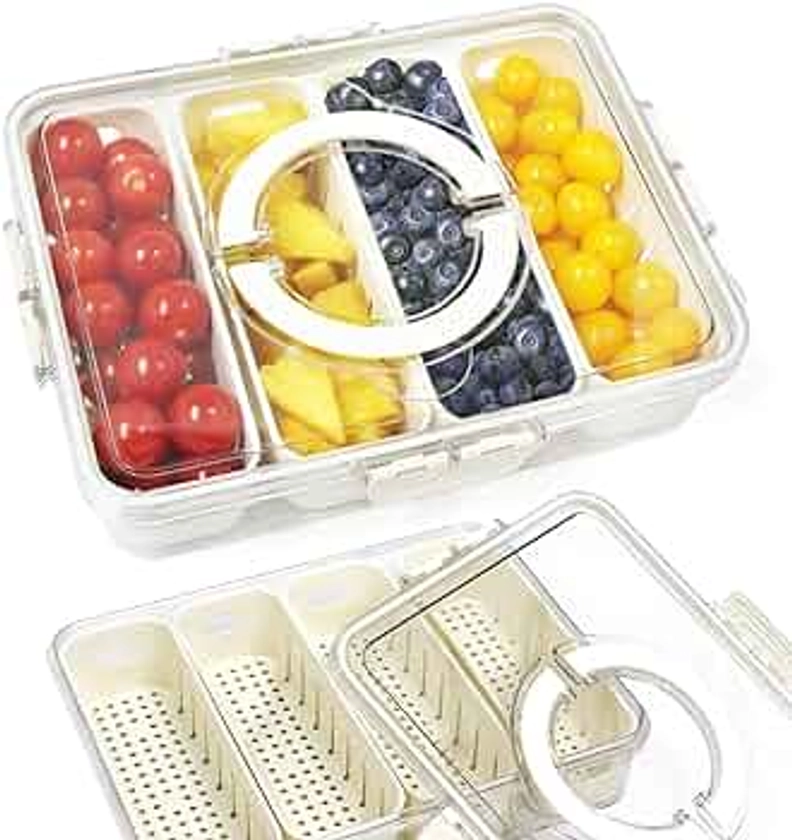 Yuroochii Divided Serving Tray Fresh-keeping Box with Lid&Handle, 4 Compartments Snacks Box, Snack Fruit Tray, Veggie Tray, Portable Snack Platter for Candy Fruits Nuts Snack Party Entertaining Picnic