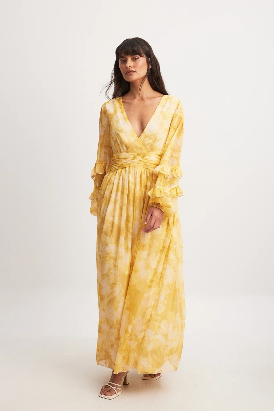 Structured Chiffon Wide Sleeve Maxi Dress Yellow