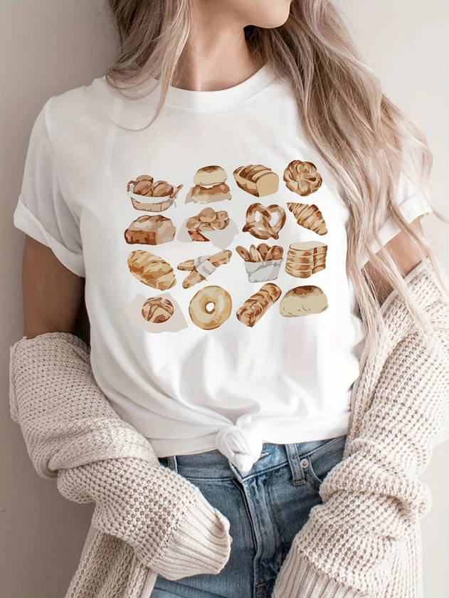 Bread Print Crew Neck T-Shirt, Casual Short Sleeve T-Shirt For Spring & Summer, Women's Clothing