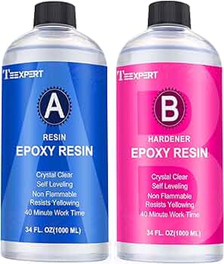 Teexpert Epoxy Resin Crystal Clear: 68oz Epoxy Resin kit 3X Yellowing Resistant Fast Curing for Casting Coating Art DIY Craft Jewelry Wood Table - 2 Part(34oz Resin and 34oz Hardener)