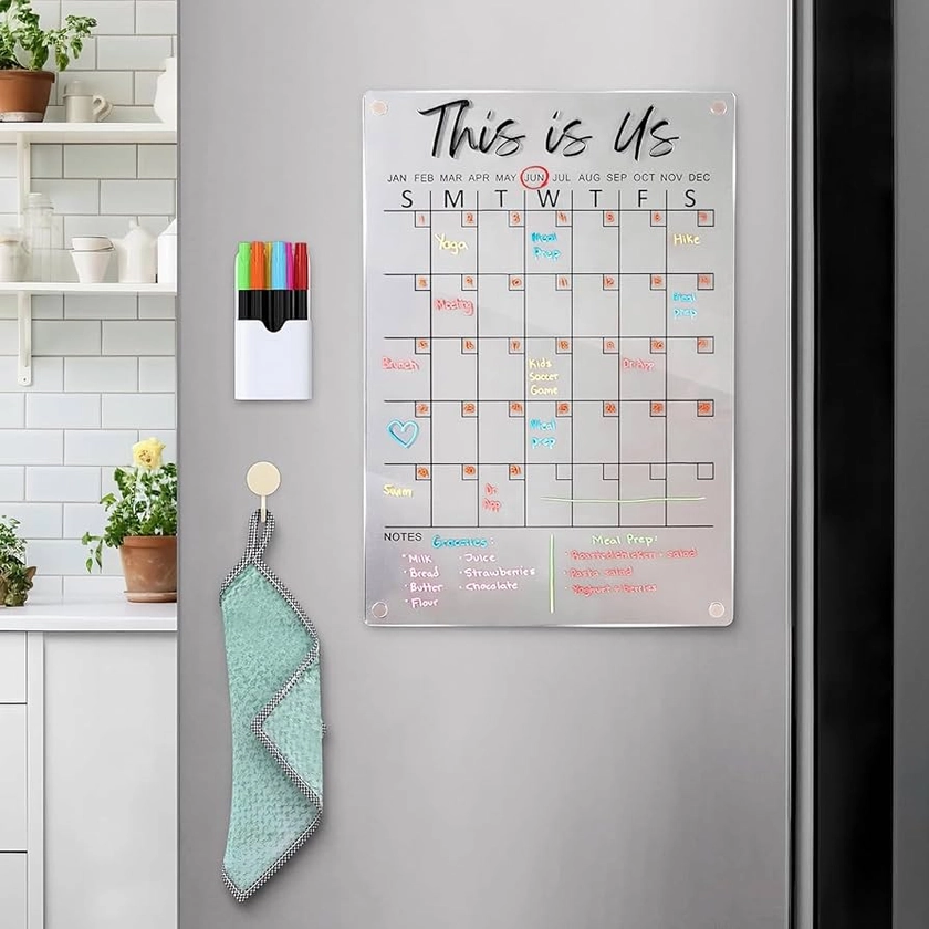 Magnetic Acrylic Calendar for Fridge 16x12in - Dry Erase Calendar for Fridge with 6 Markers Colors, Pen Holder, Towel - Vertical Monthly Calendar To Do Grocery List Board Acrylic Fridge Calendar