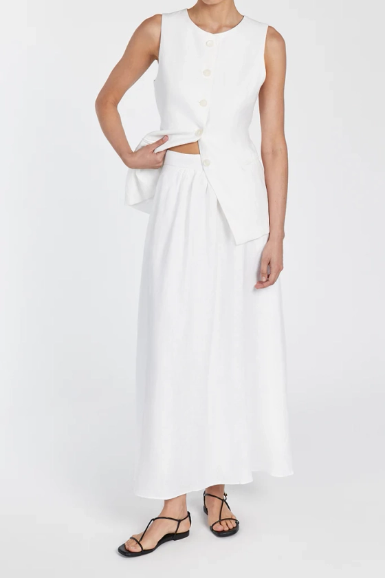 GEMIMA WHITE LINEN MIDI SKIRT