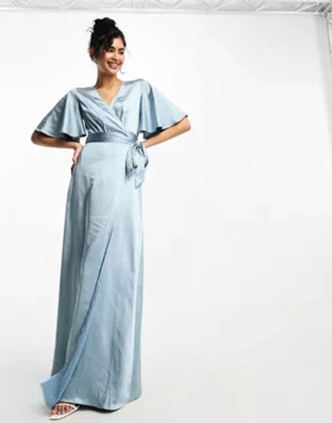 Six Stories Bridesmaid angel sleeve wrap satin maxi dress in dusty blue