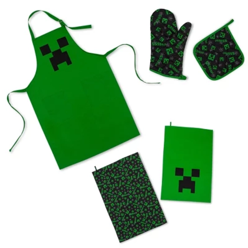 Ukonic Minecraft Green Creeper Kitchen Set | Apron, Oven Mitt, Dish Towels, Pot Holder