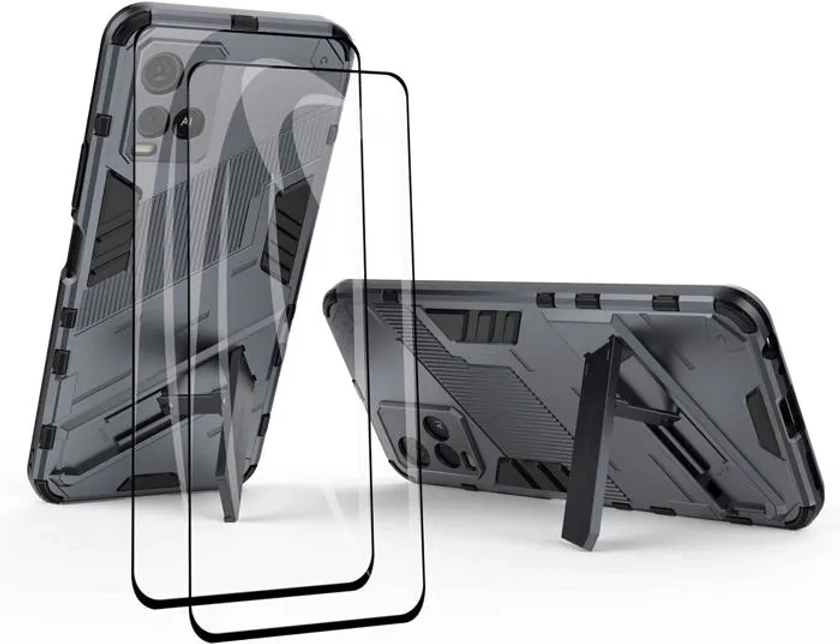 Coque Vivo Y21s Y21 Y33s & 2 Verre Trempé Antichoc avec Support Béquille PC TPU Armor Cover Grise