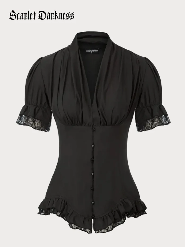 Victorian Pleated Shirt Lace Up Work Blouse
