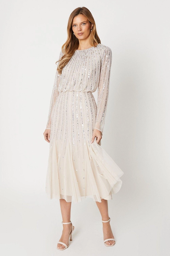 Linear Sequin Embellished Long Sleeve Midi Dress