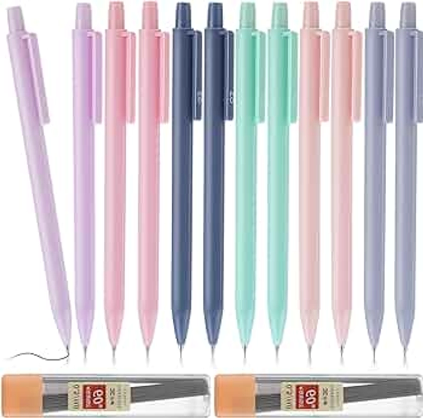 Bewudy 12PCS Pastel Mechanical Pencil with 120PCS HB Refills, Cute Mechanical Pencils 0.5mm Aesthetic Pencils Retractable Artist Pencil for Writing, Sketching, Drawing Office School Supplies