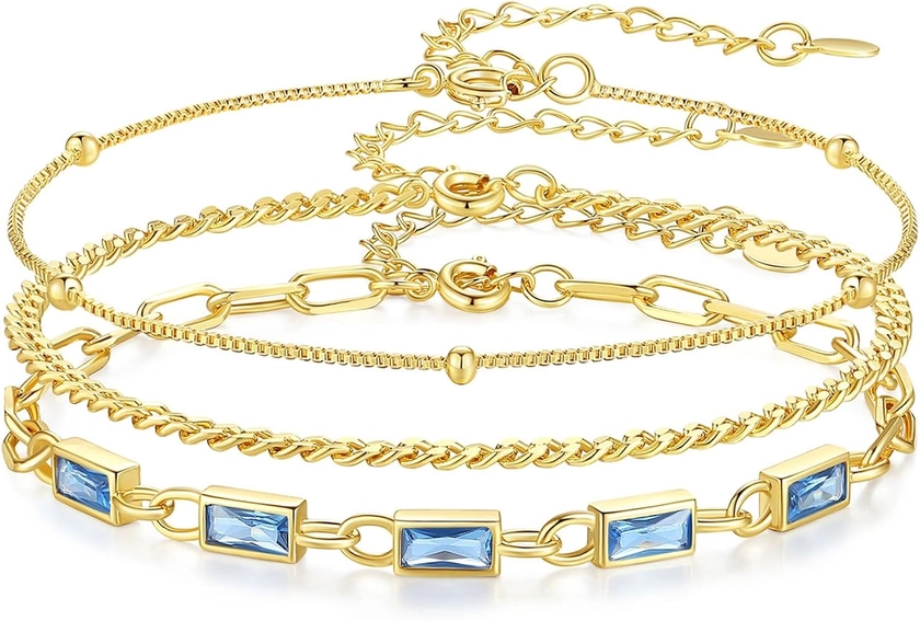 GexTyde Gold Birthstone Bracelet for Women Girls, 18K Gold Plated Layered Jewelry Bracelet Set, Women Dainty Stackable Bracelets Link Paperclip Chain Valentines Day Gift for Women Girls