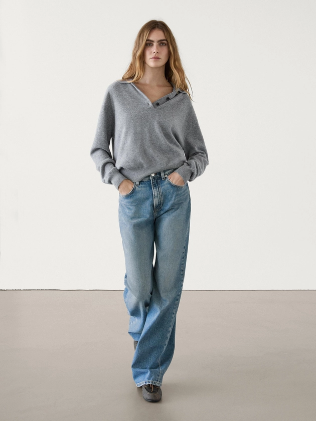 Jeans de cintura subida perna larga full length · Azul Médio, Azul-claro, Preto · Elegante | Massimo Dutti