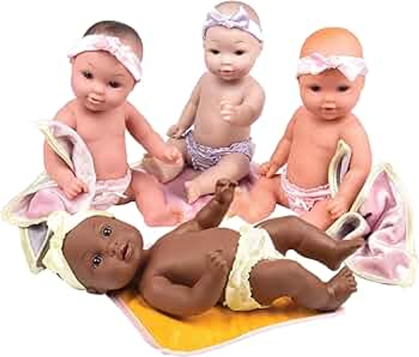 Constructive Playthings Tender Touch 12" H Multicultural Baby Doll Toys Set with Blankets, Headbands, and Panties, Set of 6 Diverse Baby Dolls for Kids, Multicolor