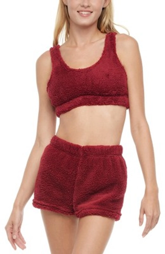 ADR Plush Crop Top and Shorts Women's Fleece Pajamas Set Burgundy Small