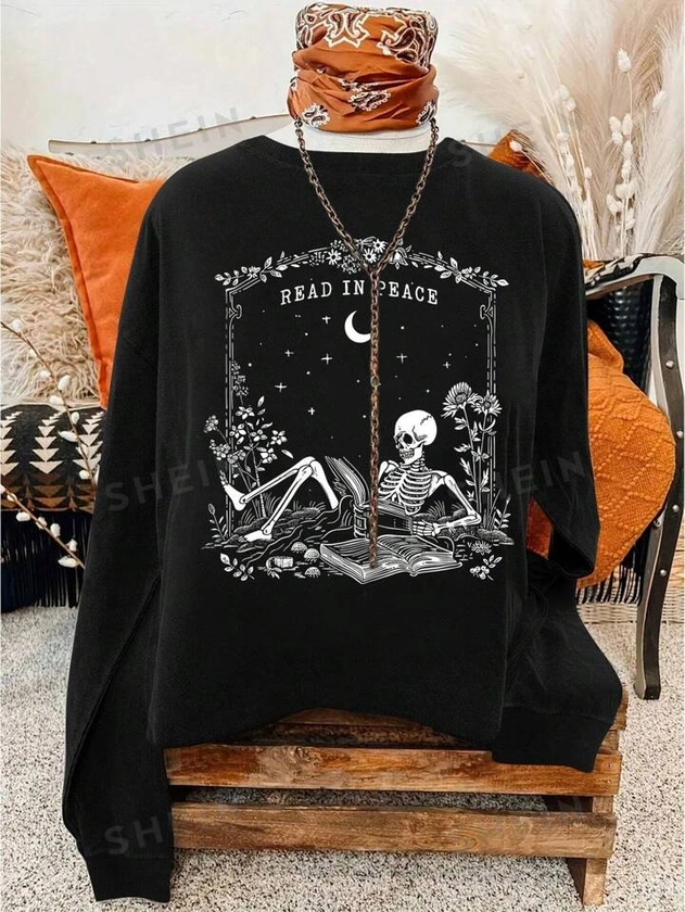 SHEIN LUNE Sudadera con gráfico de calavera para lectura tranquila con hombros caídos y talla grande para mujer