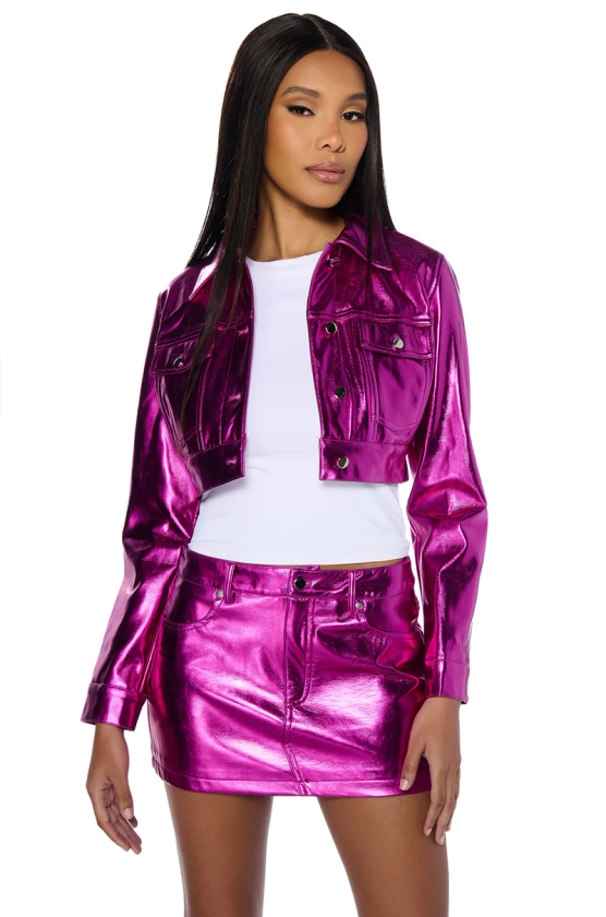 CELEBRATE METALLIC FAUX LEATHER CROP JACKET