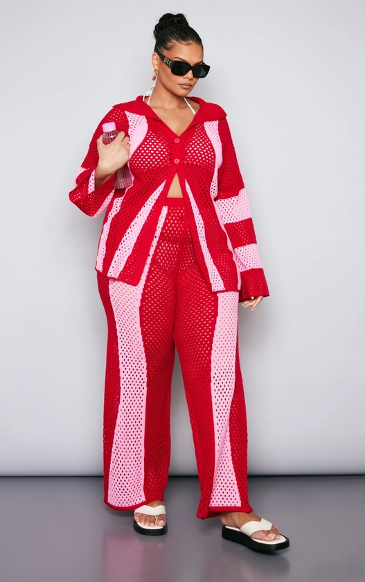 Plus Red Contrast Stripe Knitted Trousers