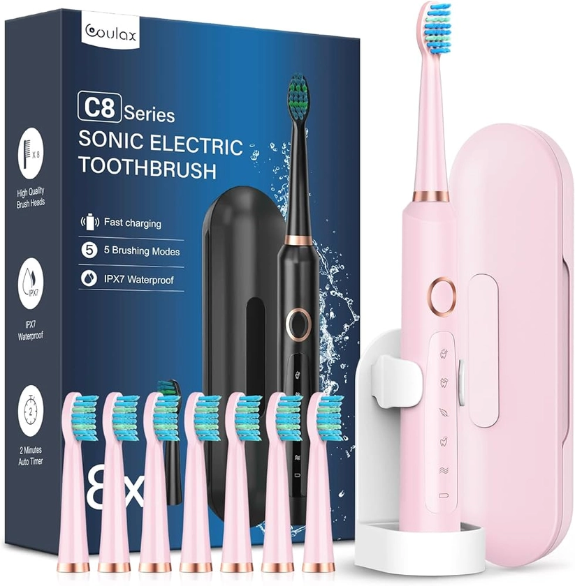 Brosses à Dents Électriques Soniques avec 8 Têtes - Brosse à Dents Électrique Adultes avec Étui de Voyage, 5 Modes et IPX7, Brosses à Dents Électriques à Ultrasons pour Famille Voyager, Rose Cerise