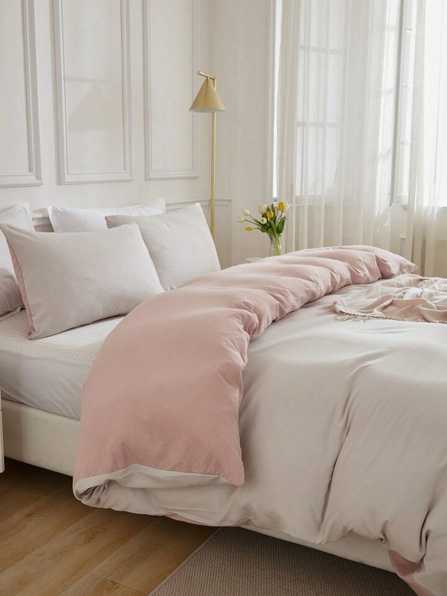 3pcs/set Color-block Ab Side Polyester Blend Bedding Set (duvet Cover + Bedsheet + Pillowcase) | SHEIN UK