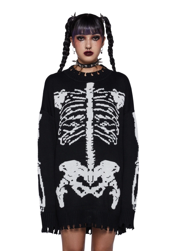 Trickz N Treatz Skeleton Distressed Oversized Sweater - Black/White