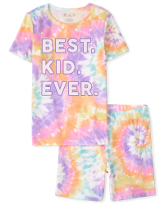 Girls Matching Family Short Sleeve 'Best Kid Ever' Tie Dye Snug Fit Cotton Pajamas | The Children's Place - LACROSSE VIOLET NEON