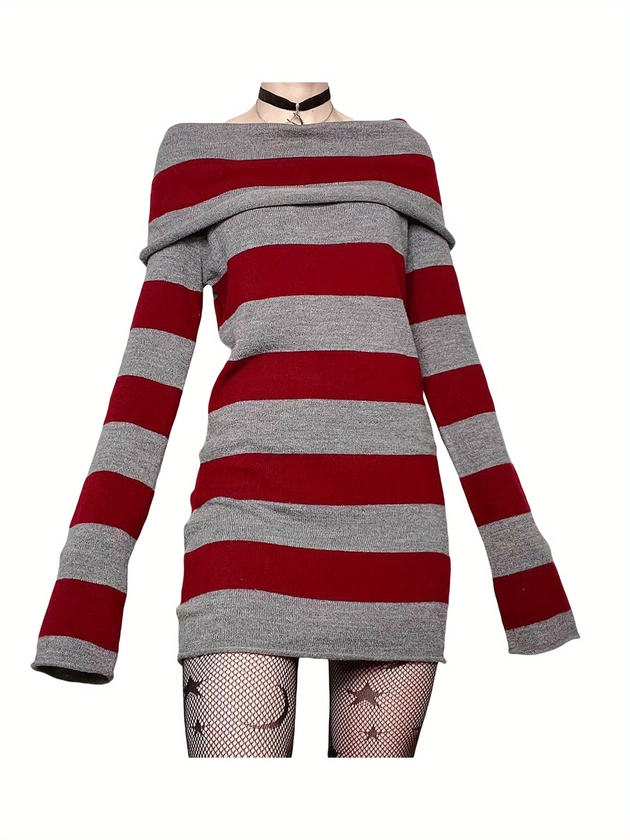 Striped Shoulder Sweater Dress Y2k Long Sleeve Bodycon Mini - Temu